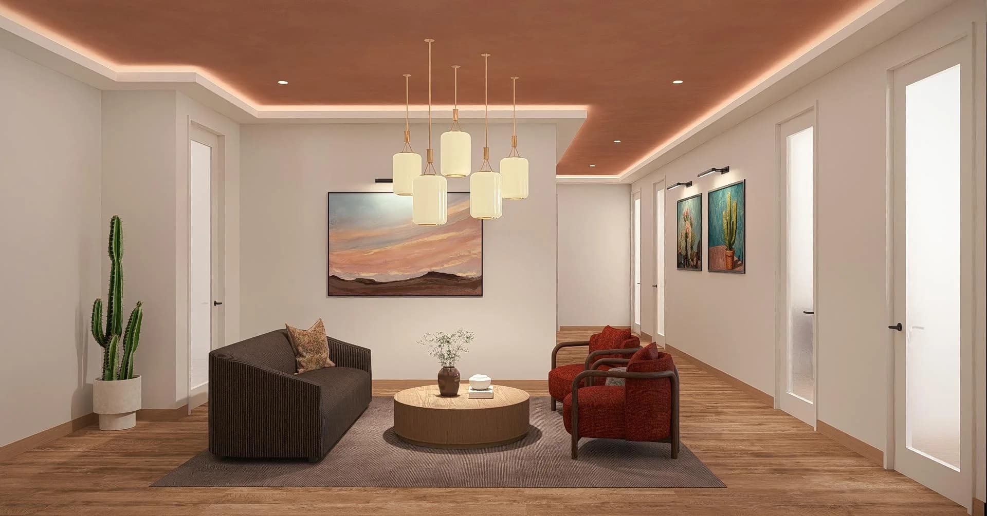 Hall and den with terracotta cove ceiling, brown corduroy sofa, and rust-colored armchairs