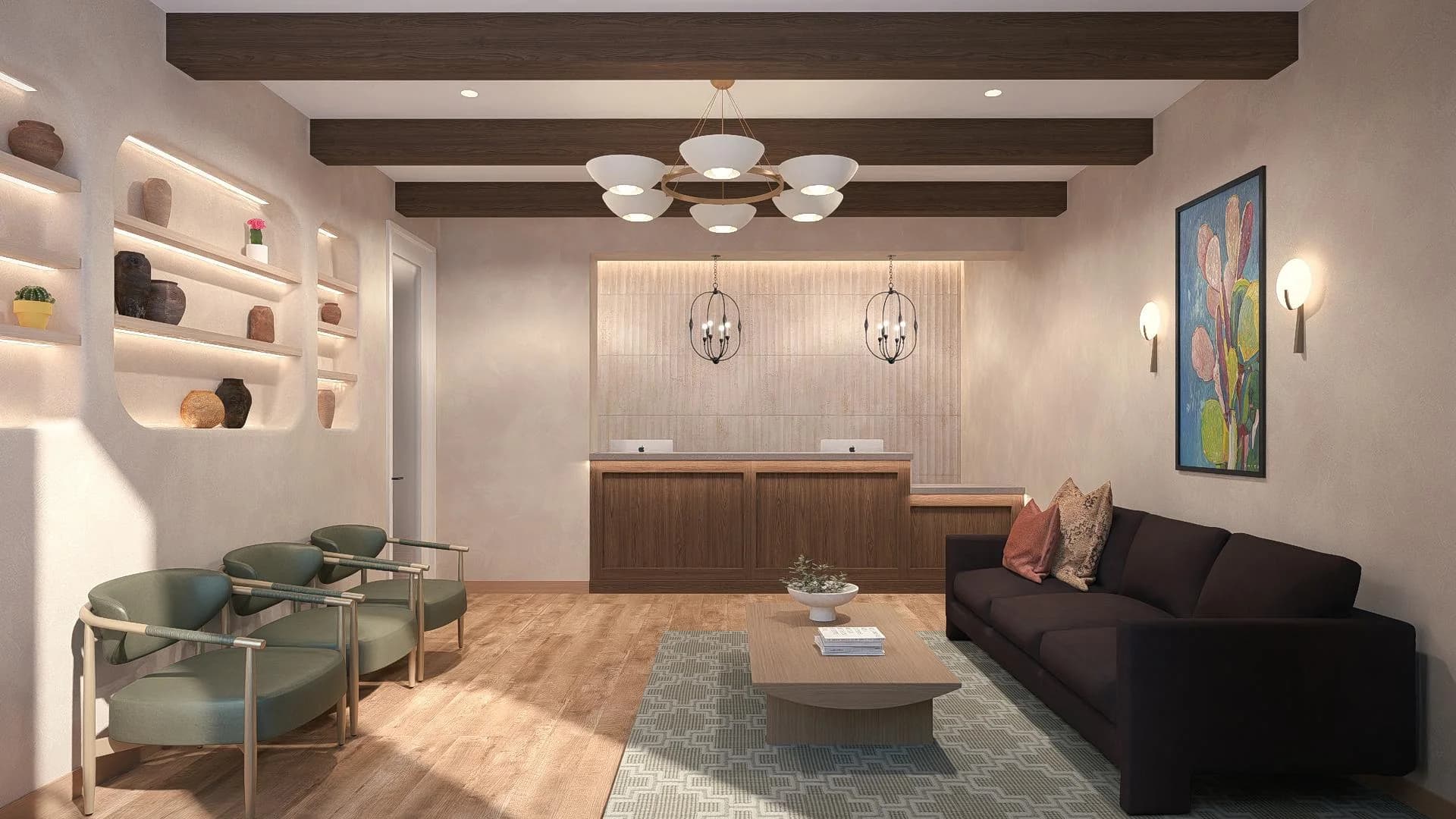 Reception lounge with sage leather chairs, espresso wood beams, and a fluted travertine logo wall