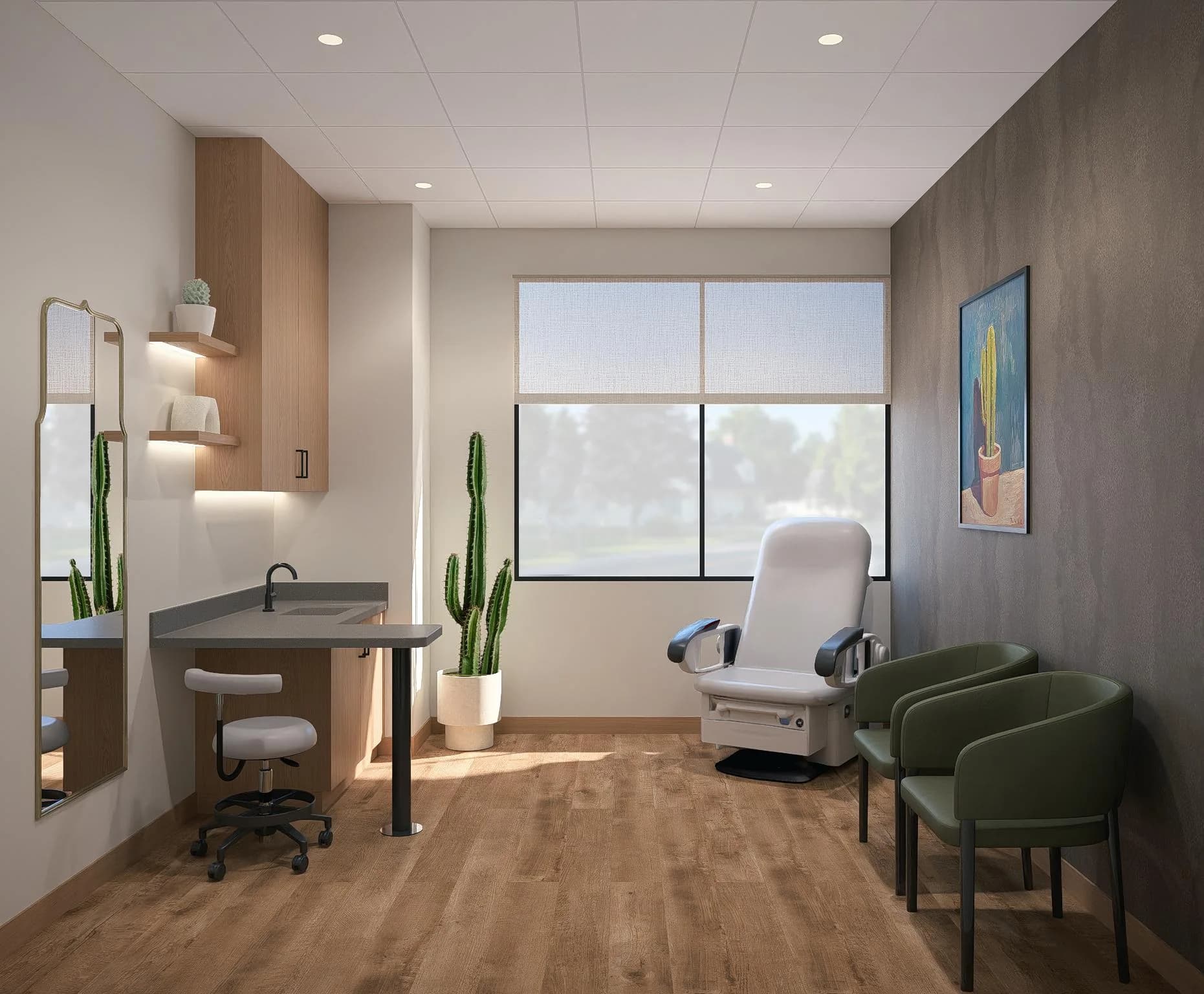 Treatment suite with honey oak floor, sage curved chairs, and a slate accent wall